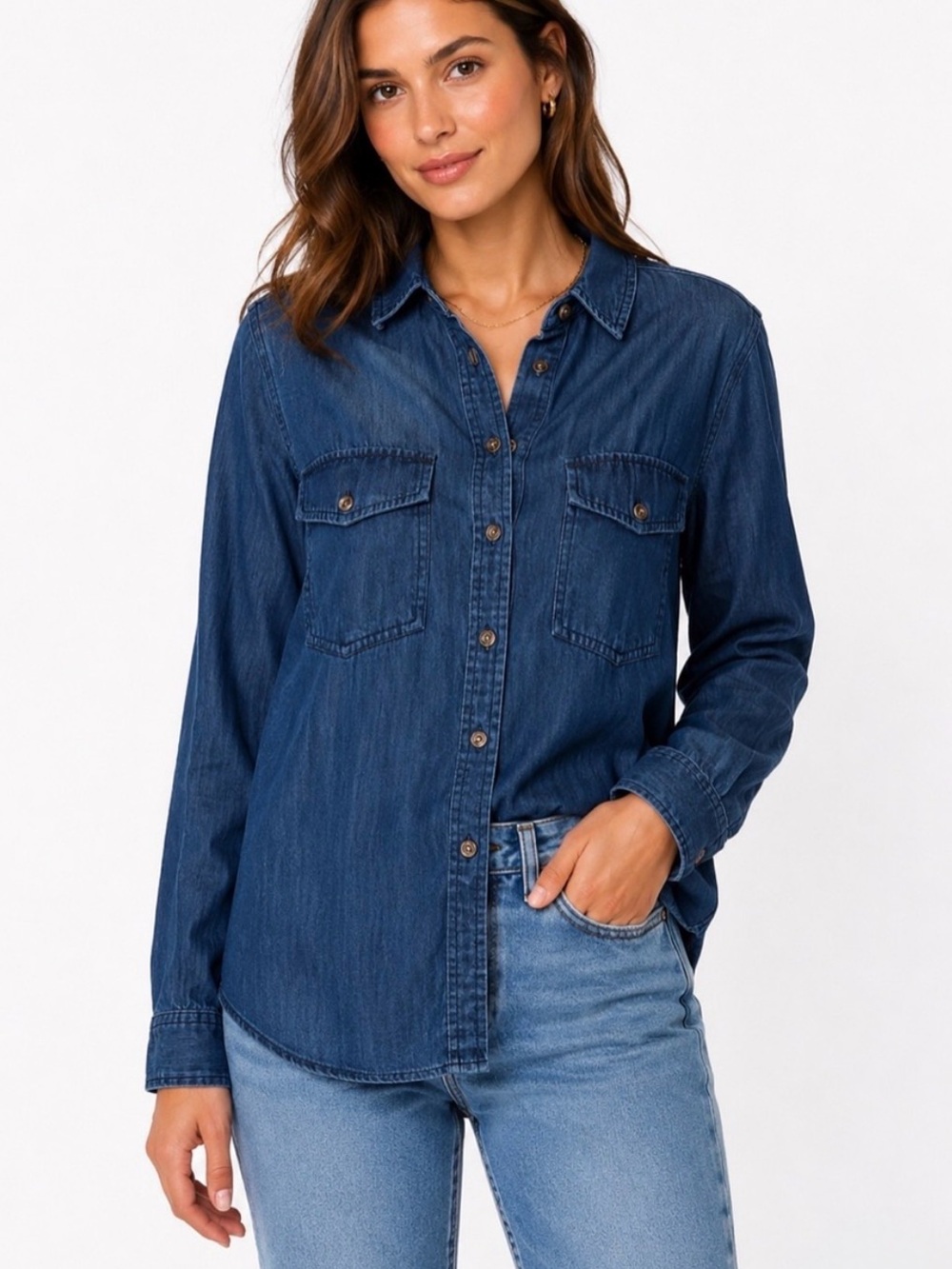 Club Monaco 100% Tencel Chambray Button Down Shirt Blue Sz S Soft Denim Lyocell